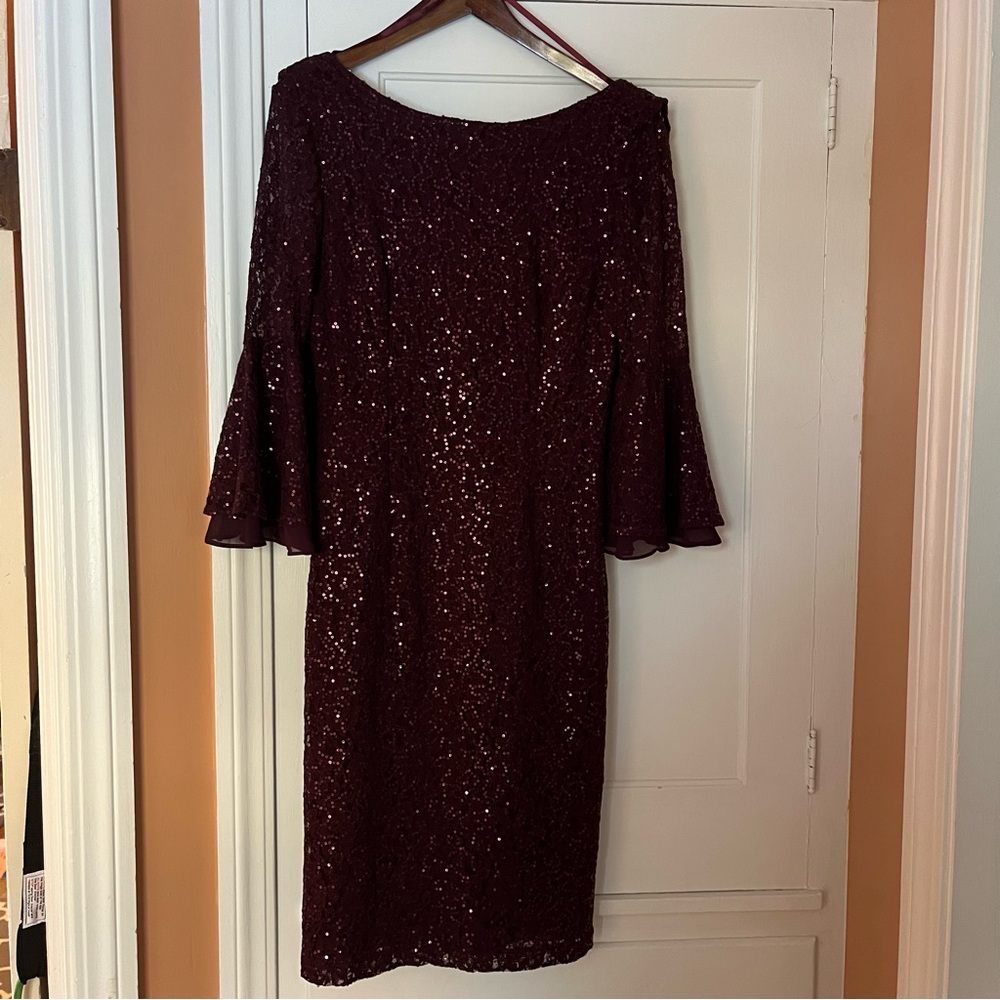 SLNY sequin and lace midi dress with 3/4 flutter sleeves